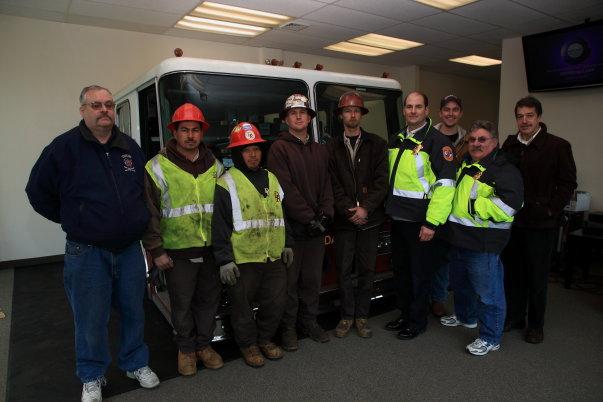 We Done it! Chief Chornock, Executive Director Bernard, Chuck Cox(RVFD & WVRS), Adam Bradfield (GVFD), Craig Moloney (Architect) and the crew from Gigging and Rigging. Photo by Ed Tenney